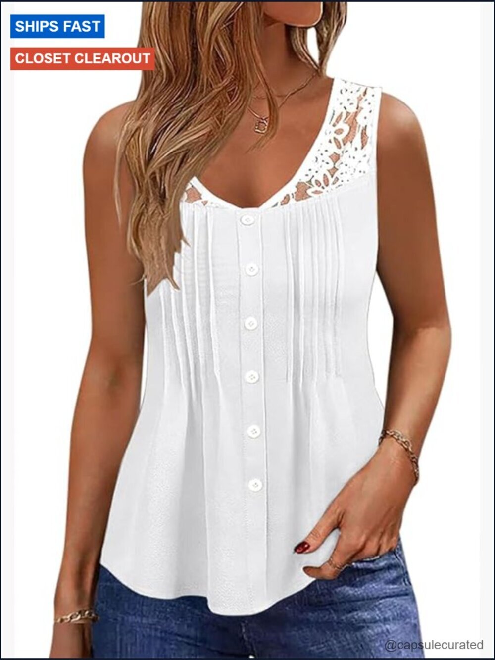 Dressy Casual Lace Sleeveless V Neck Tank Tops Pleated Front Button Blouses